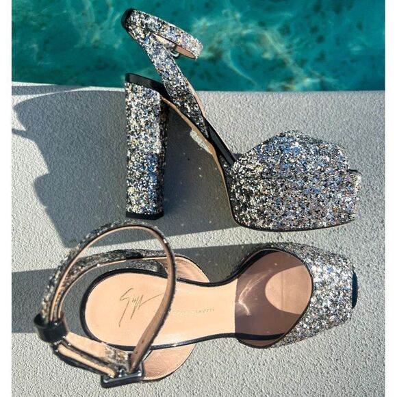 GIUSEPPE ZANOTTI Lavinia Glitter Leather Platform Heeled Sandals Size IT37.5 - Picture 15 of 16